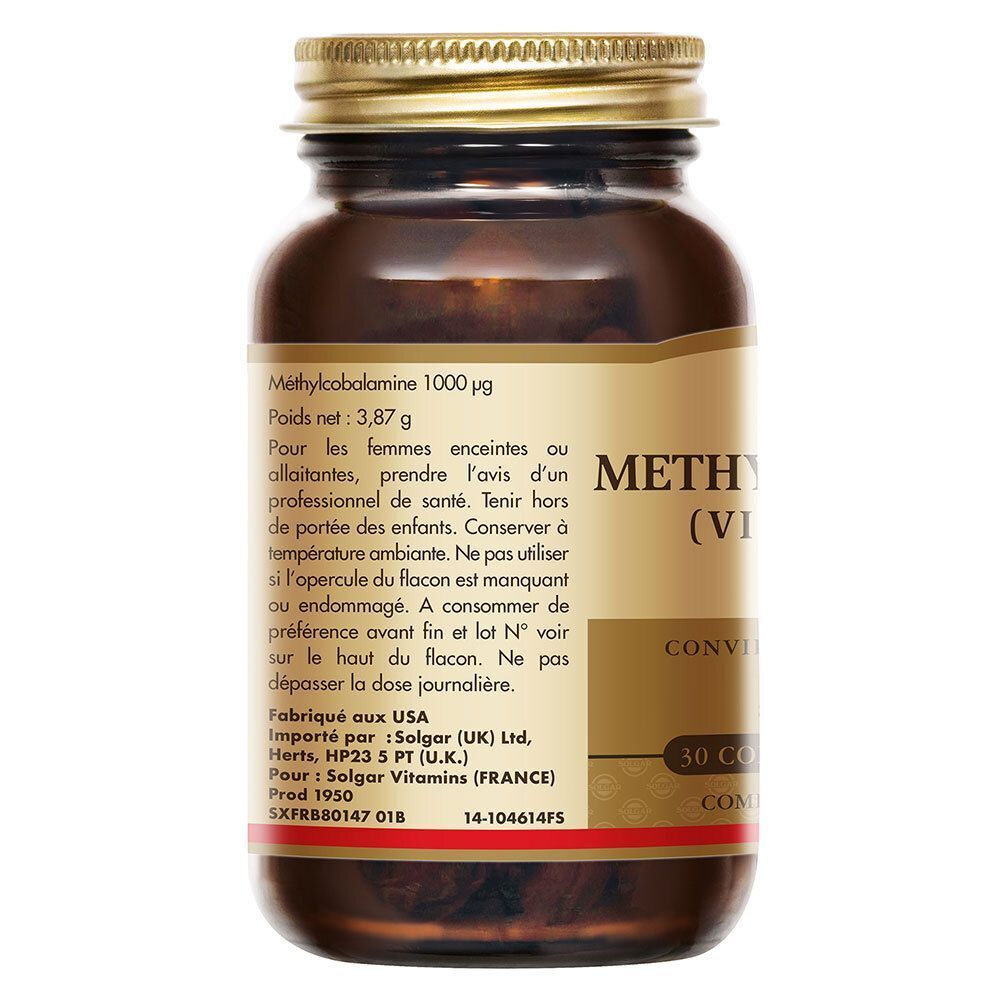Dos d'un flacon de Solgar Méthylcobalamine. Flacon en verre brun avec bouchon doré. Étiquette avec texte.