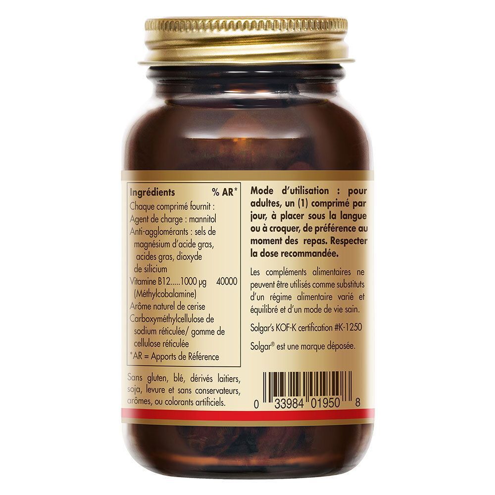 Dos d'un flacon de Solgar Méthylcobalamine. Étiquette avec ingrédients et mode d'emploi.