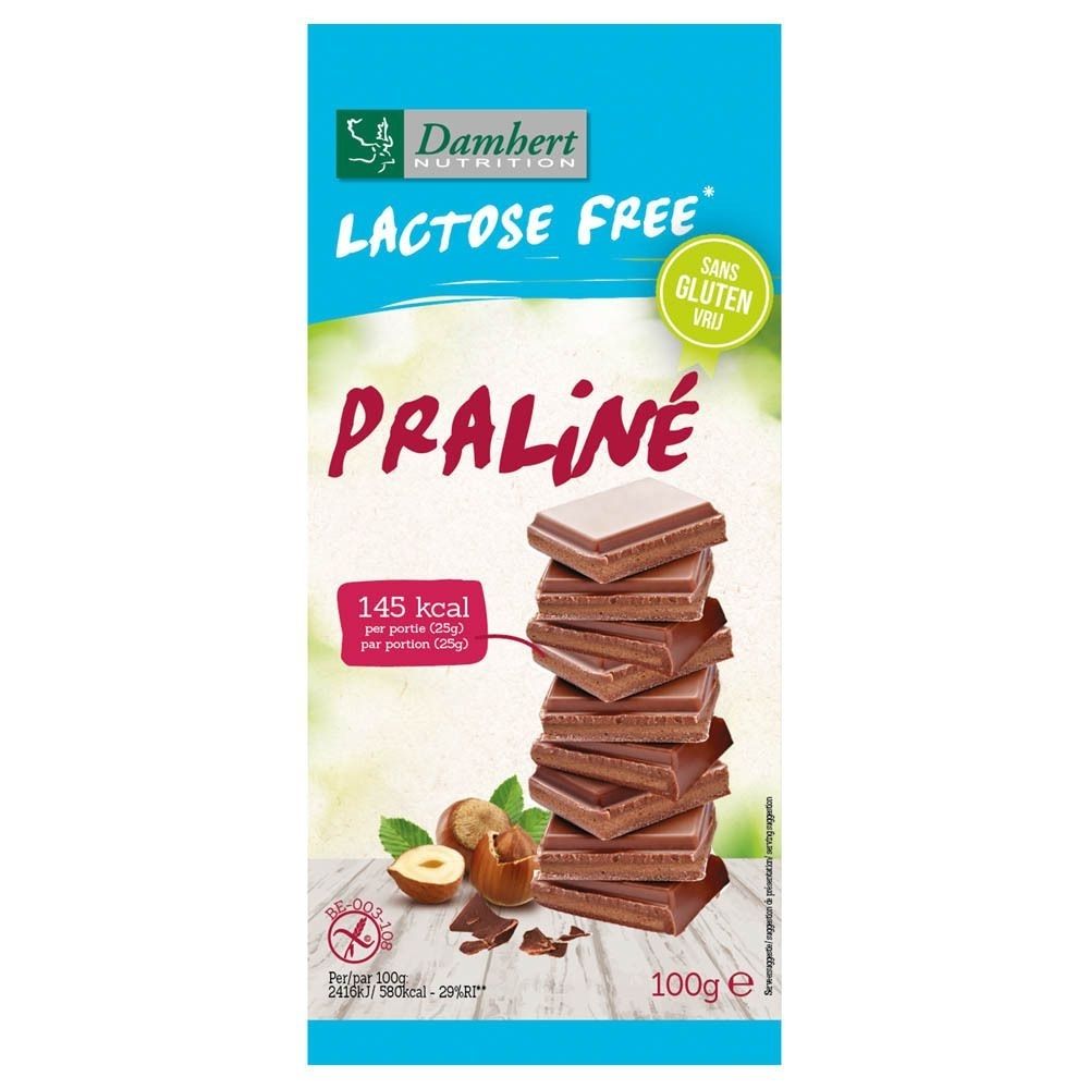 Emballage de chocolats pralinés. Inscriptions : Lactose Free, Praliné, Sans Gluten. 145 kcal par portion. 100g.