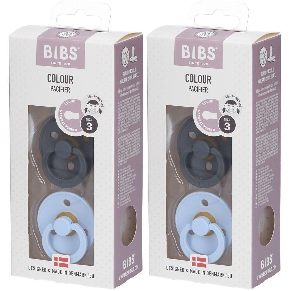 Deux tétines BIBS COULEUR Baby Blue et gris foncé, taille 3, en boîte. Fenêtre transparente, logo de la marque, design danois.