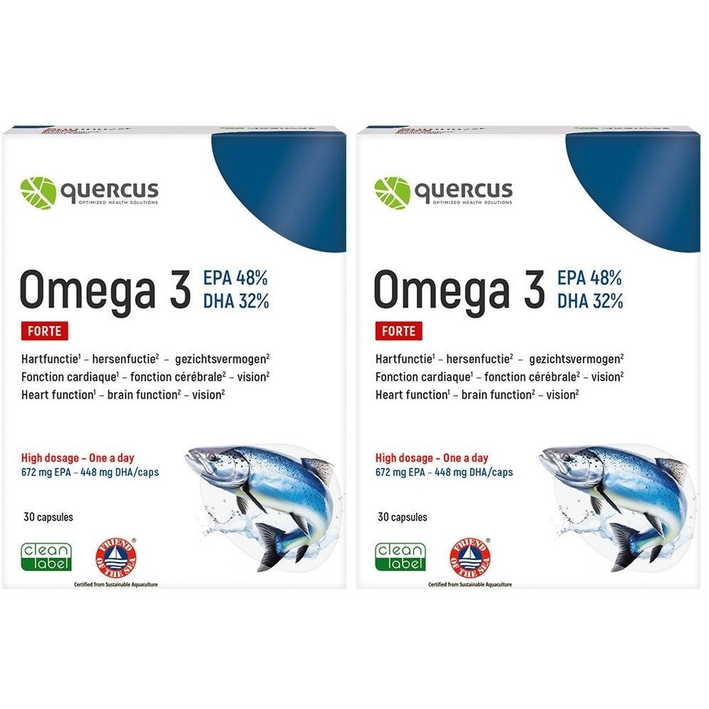 Deux boîtes blanches Quercus Omega 3. Inscription : Omega 3 Forte, EPA 48%, DHA 32%. Illustration de poisson.