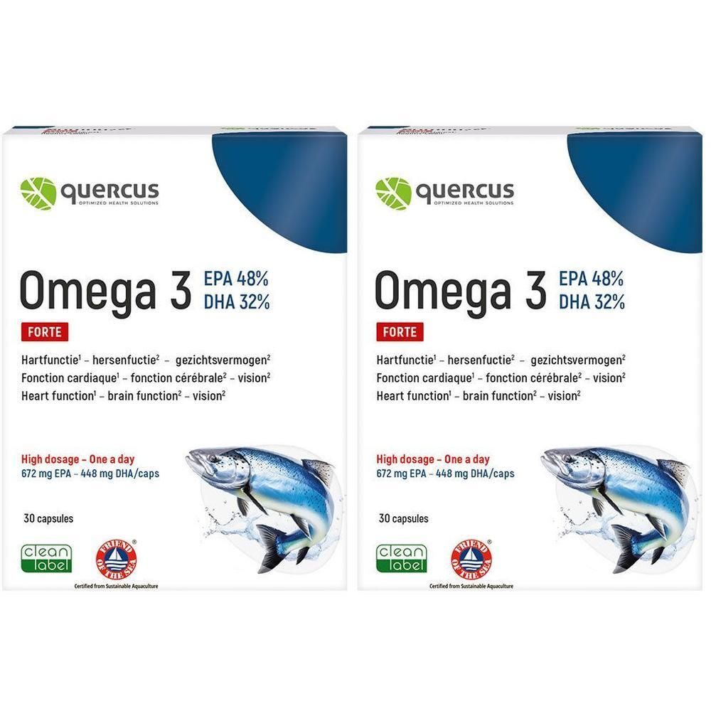 Deux boîtes blanches Quercus Omega 3. Inscription : Omega 3 Forte, EPA 48%, DHA 32%. Illustration de poisson.