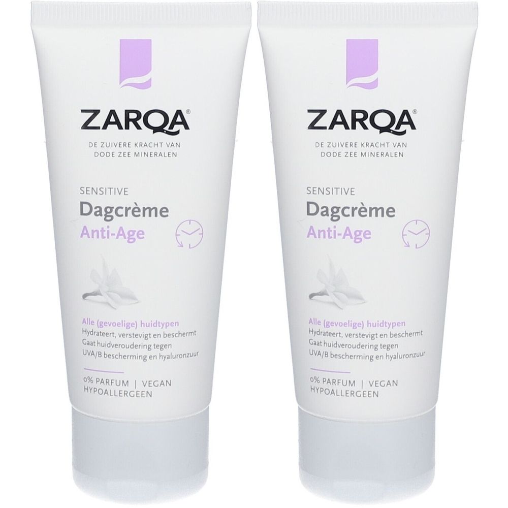 Deux tubes de ZARQA Dagcrème Anti-Age. Tubes blancs avec logo et texte violets. Texte néerlandais.