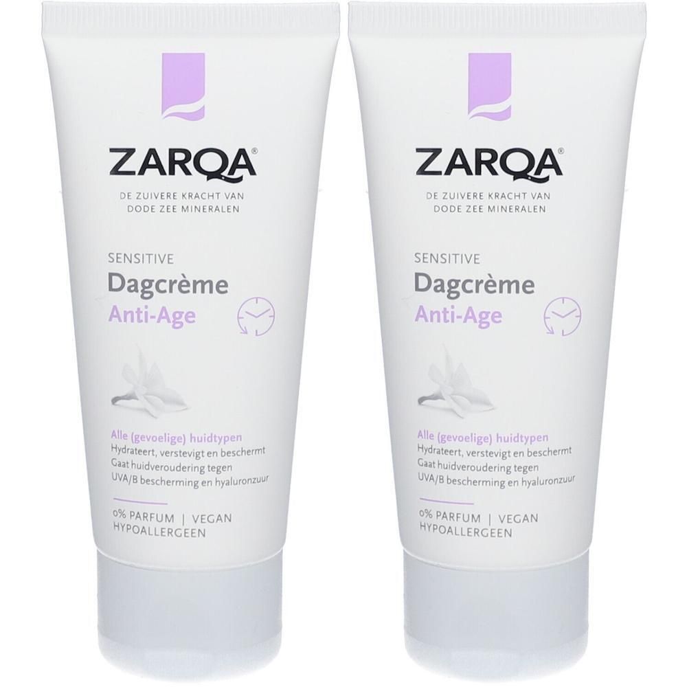 Deux tubes de ZARQA Dagcrème Anti-Age. Tubes blancs avec logo et texte violets. Texte néerlandais.