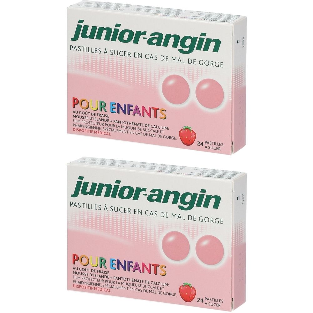 Deux boîtes de pastilles pour la gorge Junior-Angin. Boîtes blanches avec texte rose et vert. Illustration de fraise.