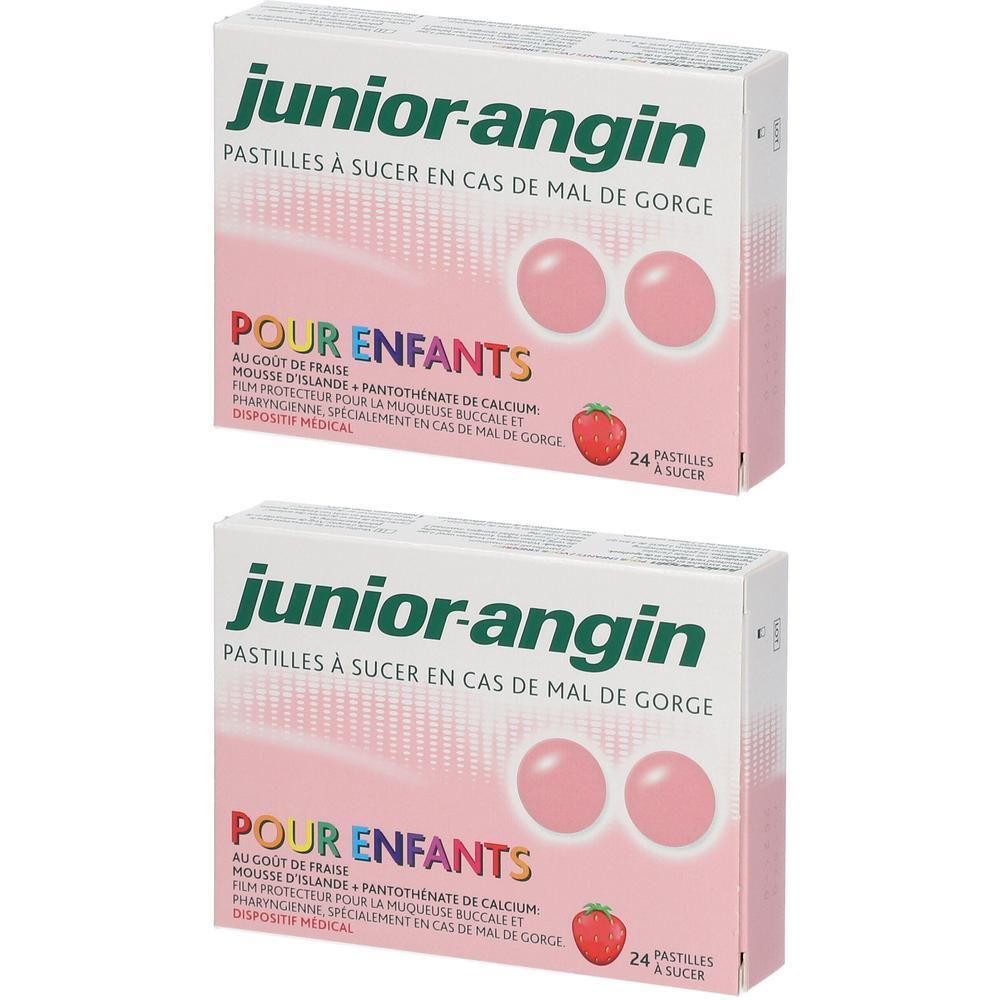 Deux boîtes de pastilles pour la gorge Junior-Angin. Boîtes blanches avec texte rose et vert. Illustration de fraise.