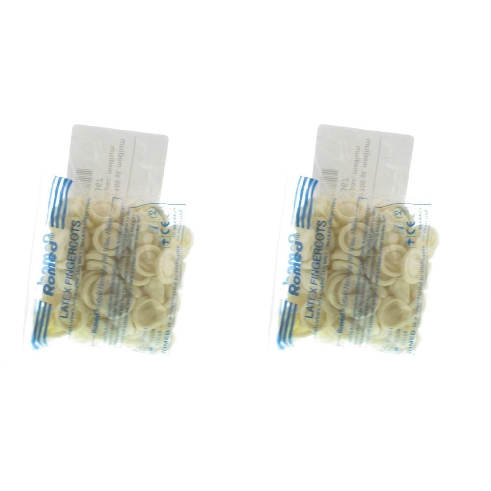 Deux paquets de doigtier en latex Romed, taille moyenne. Emballage individuel transparent. Accents bleus et jaunes.