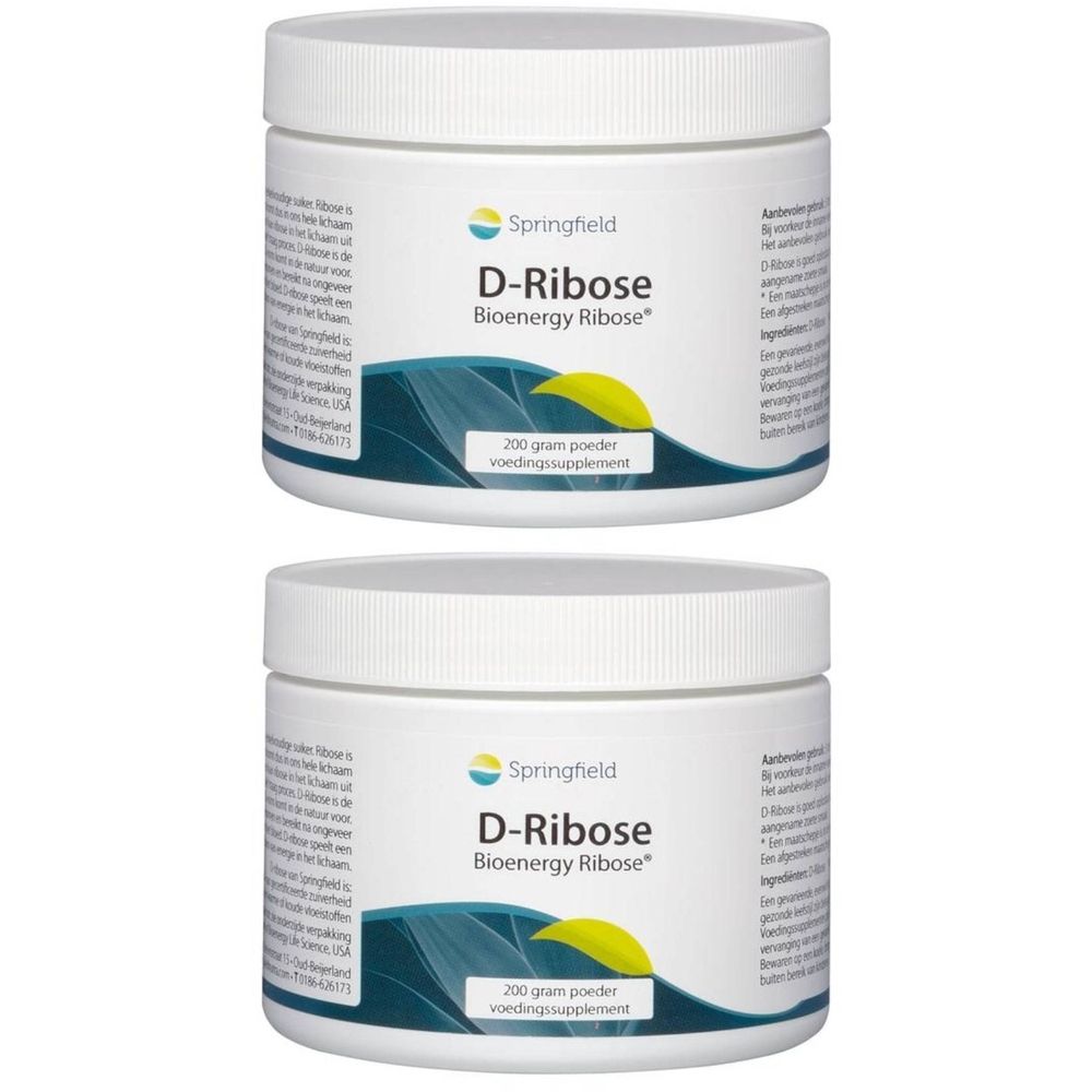 Deux pots blancs avec étiquette bleu-jaune. Inscription: D-Ribose Bioenergy Ribose. 200 g de poudre.
