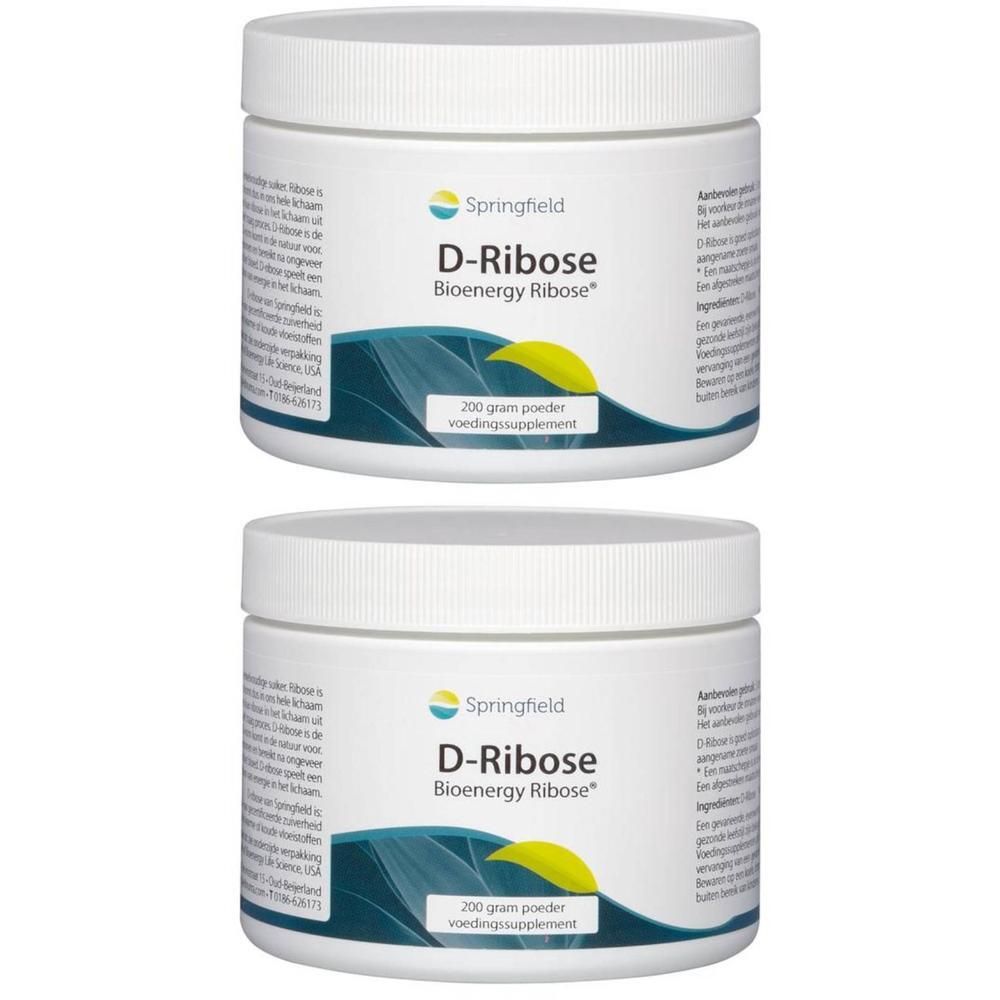 Deux pots blancs avec étiquette bleu-jaune. Inscription: D-Ribose Bioenergy Ribose. 200 g de poudre.