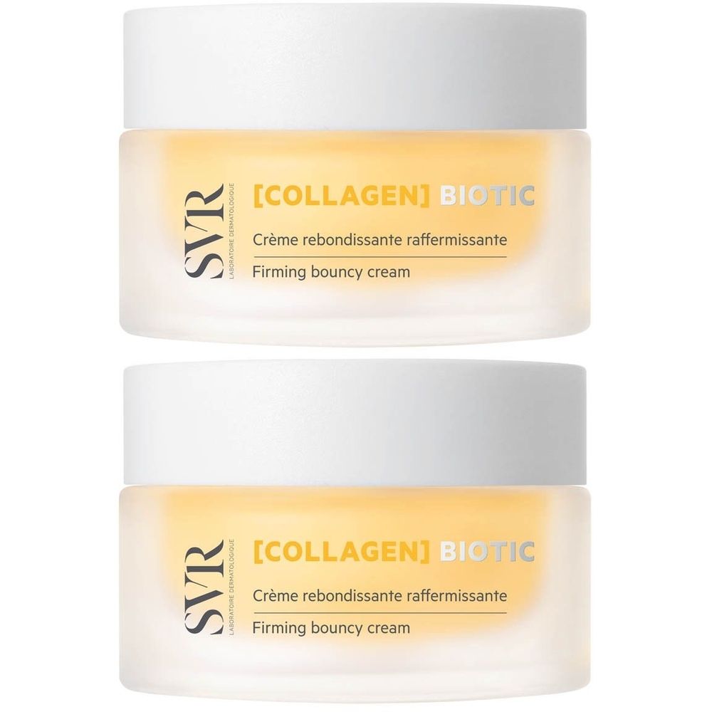 Deux pots de crème avec couvercles blancs. Inscription SVR, [COLLAGEN] BIOTIC, Crème rebondissante raffermissante, Firming bouncy cream.