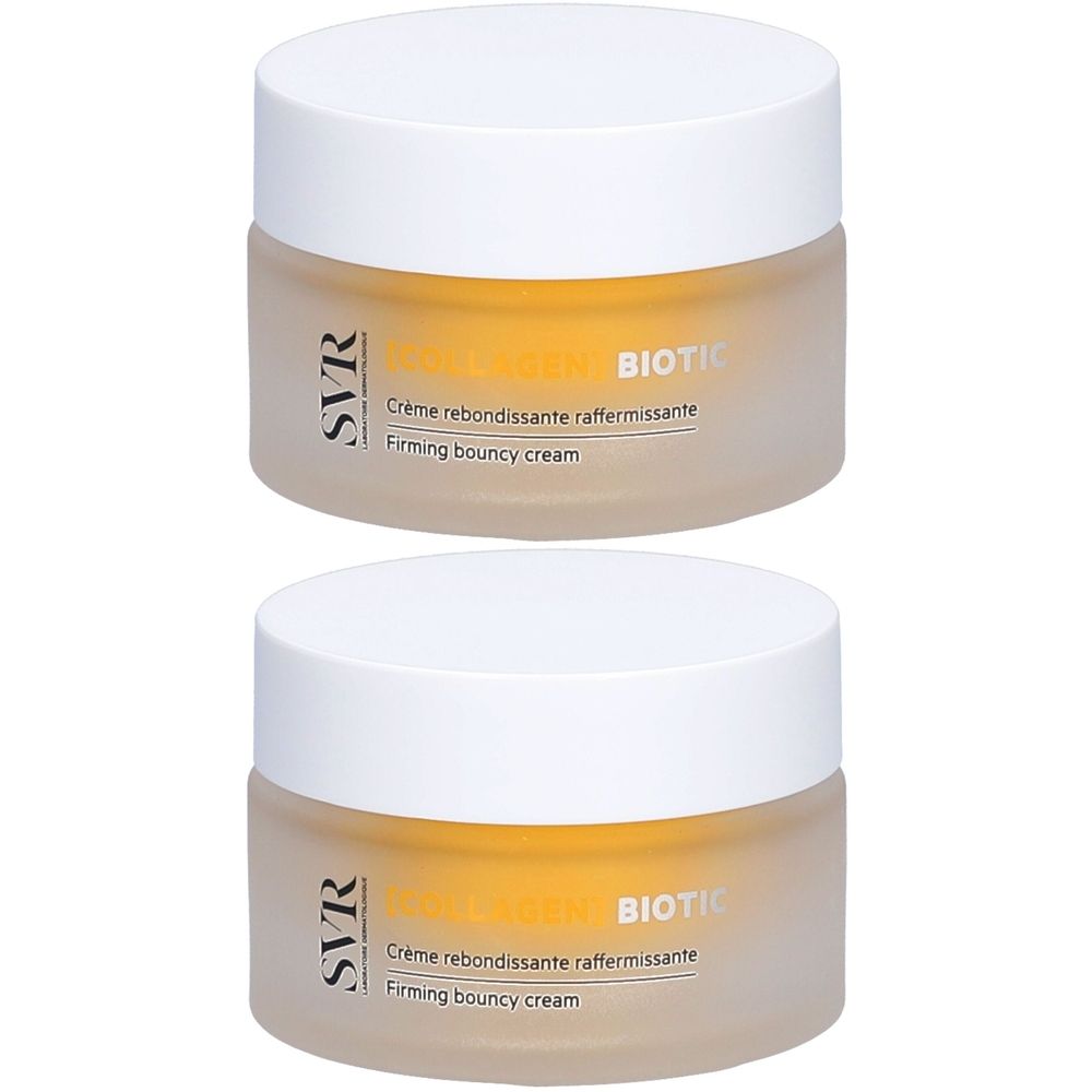 Deux pots de crème avec couvercles blancs. Inscription SVR, BIOTIC, Crème rebondissante raffermissante, Firming bouncy cream.