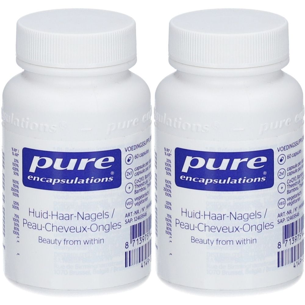 Deux flacons blancs avec étiquettes bleues. Inscription : pure encapsulations, Huid-Haar-Nagels/Peau-Cheveux-Ongles.