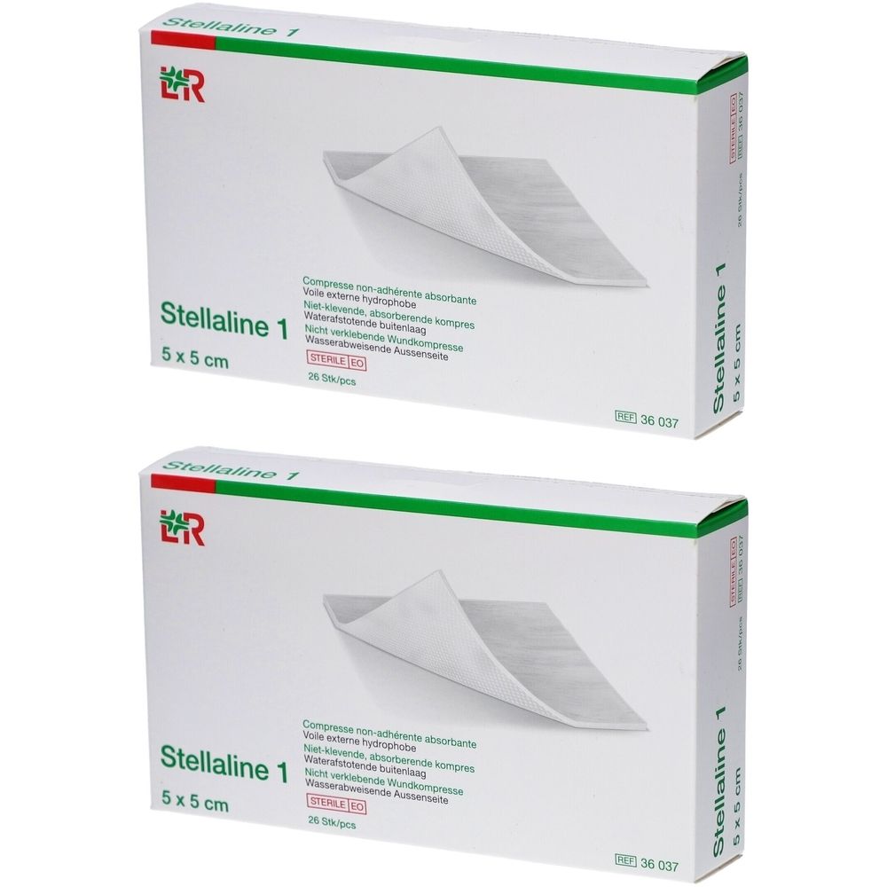 Deux boîtes de Stellaline 1, 5x5 cm. Compresses blanches sur les boîtes. Texte : non-adhérent, absorbant.