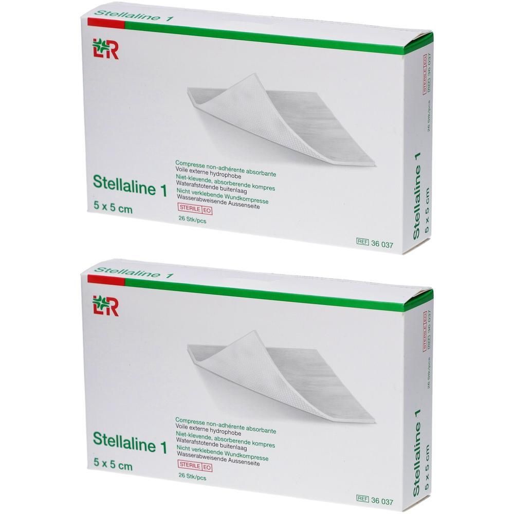 Deux boîtes de Stellaline 1, 5x5 cm. Compresses blanches sur les boîtes. Texte : non-adhérent, absorbant.