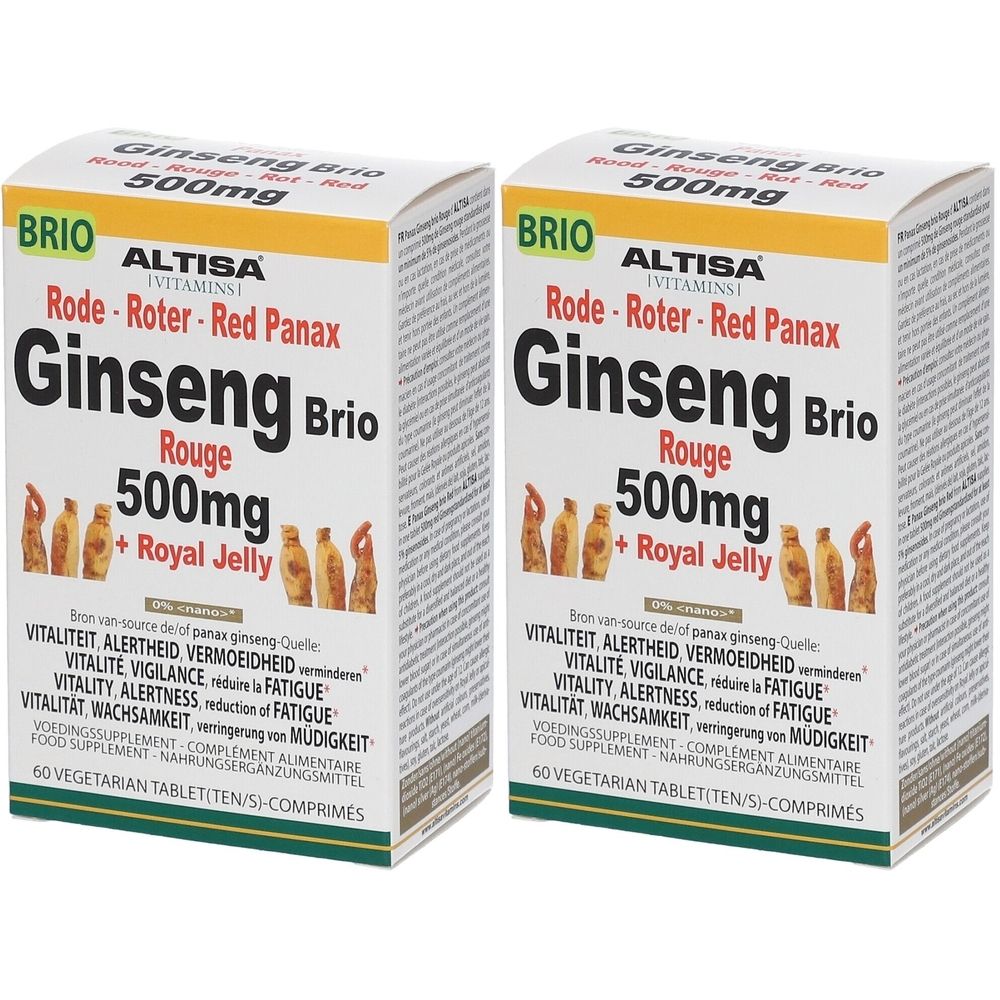 Deux boîtes d'ALTISA Panax Ginseng Rouge + Gelée Royale. Emballage blanc avec texte rouge et vert. Inscription : Ginseng Brio 500mg.