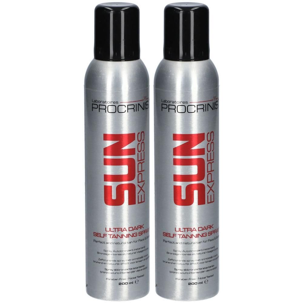 Deux flacons de spray Procrinis Sunexpress. Bouteilles argentées avec bouchon noir et texte rouge.
