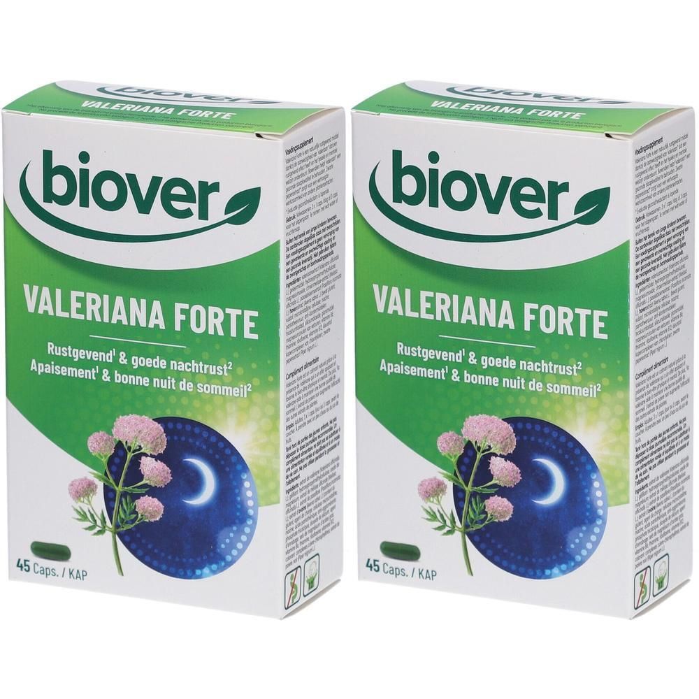 Deux boîtes de Biover Valeriana Forte. Emballage vert et blanc avec nom du produit et motif floral.