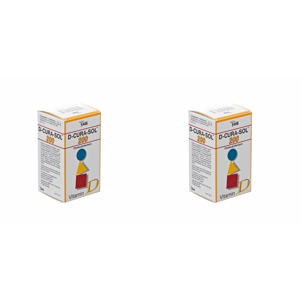 Boîte D-Cura-Sol 200 Vitamine D. Boîte rectangulaire avec informations et logo. Jaune, bleu et rouge.