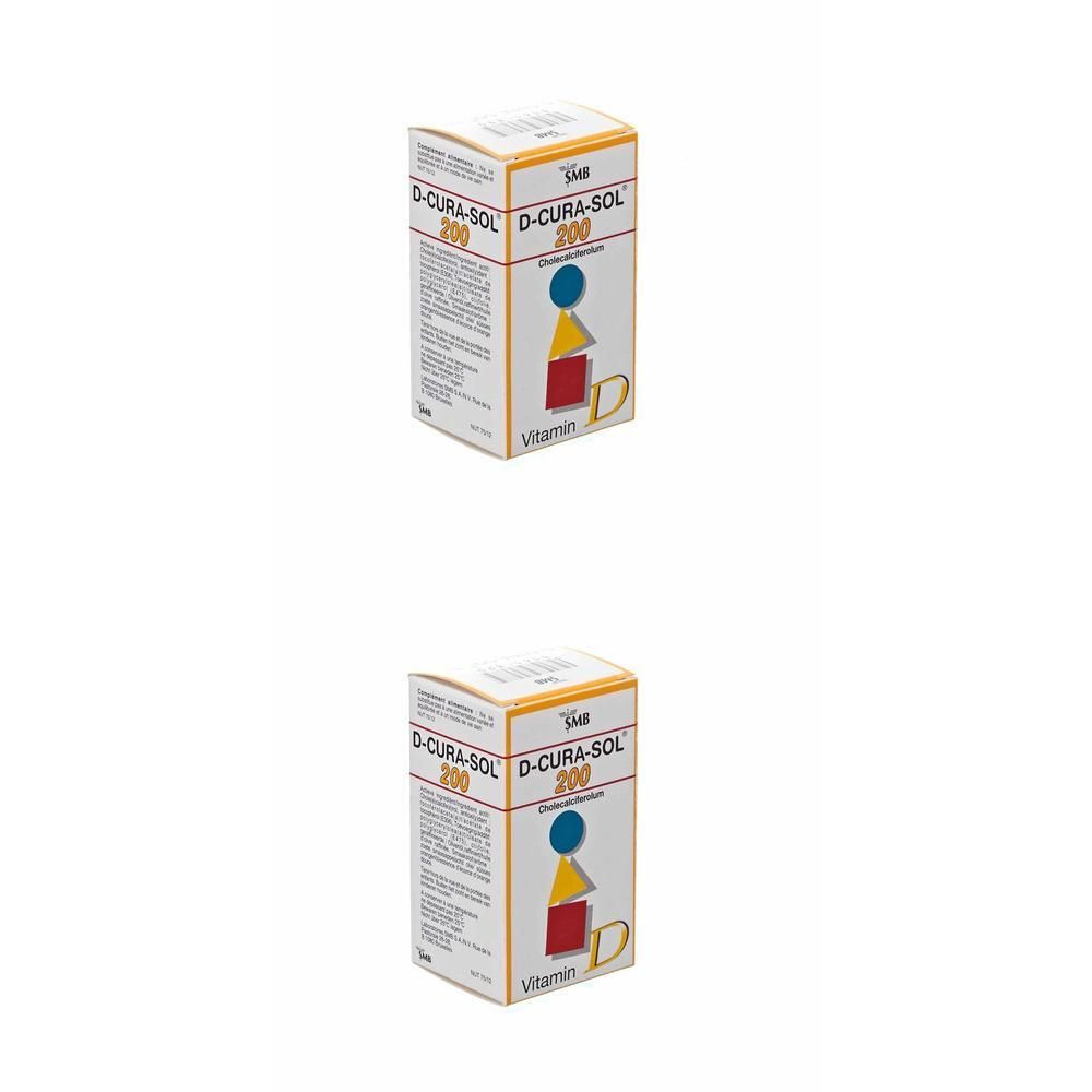 Boîte D-Cura-Sol 200 Vitamine D. Boîte rectangulaire avec informations et logo. Jaune, bleu et rouge.