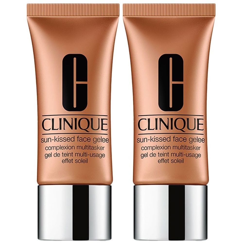 Deux tubes de CLINIQUE Gel de teint multi-usage - Effet soleil. Tubes bronzés avec bouchons argentés. Logo et texte noirs.