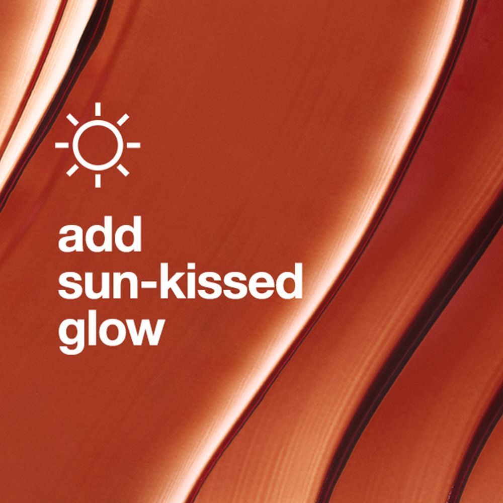 Gros plan sur gel bronzé avec texte blanc: add sun-kissed glow. Symbole soleil blanc en haut à gauche.