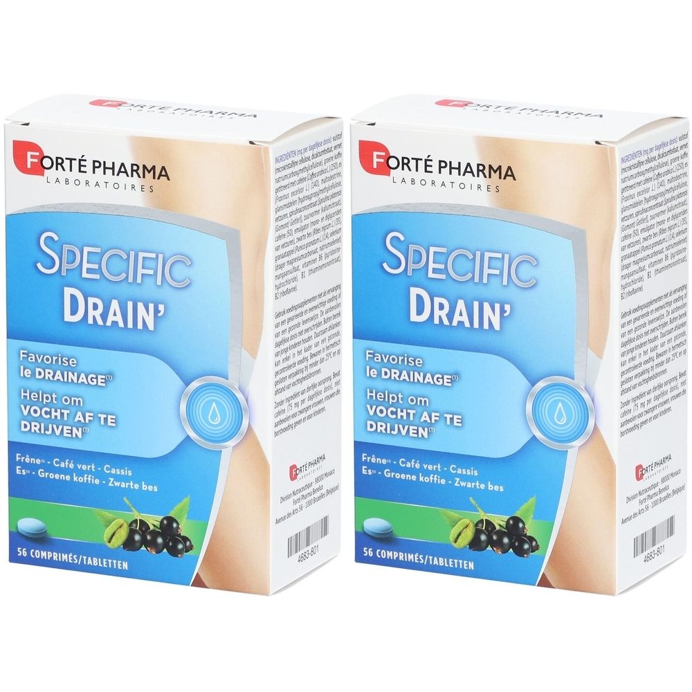 Deux boîtes de Specific Drain, avec texte en français et néerlandais. Logo Forté Pharma. Illustration de baies noires. 56 comprimés.