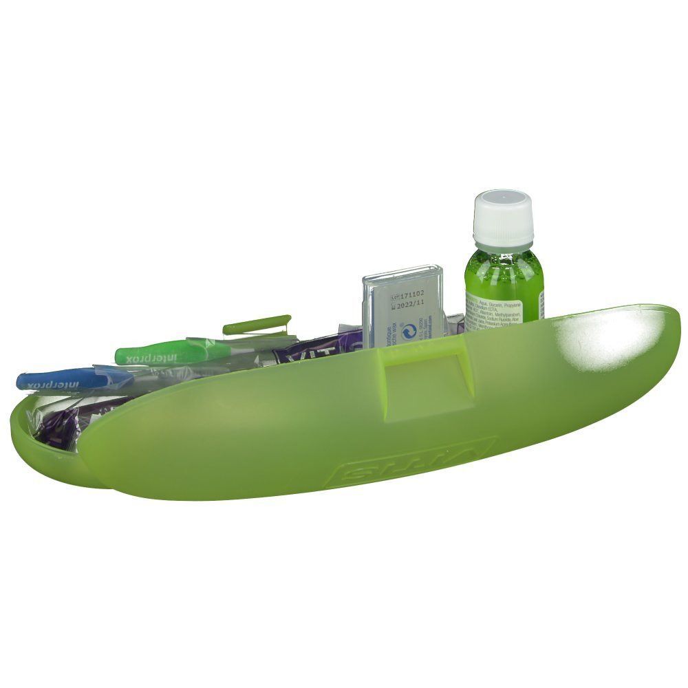 Étui vert avec produits d'hygiène dentaire. Contient bain de bouche, brosses à dents et brosses Interprox.