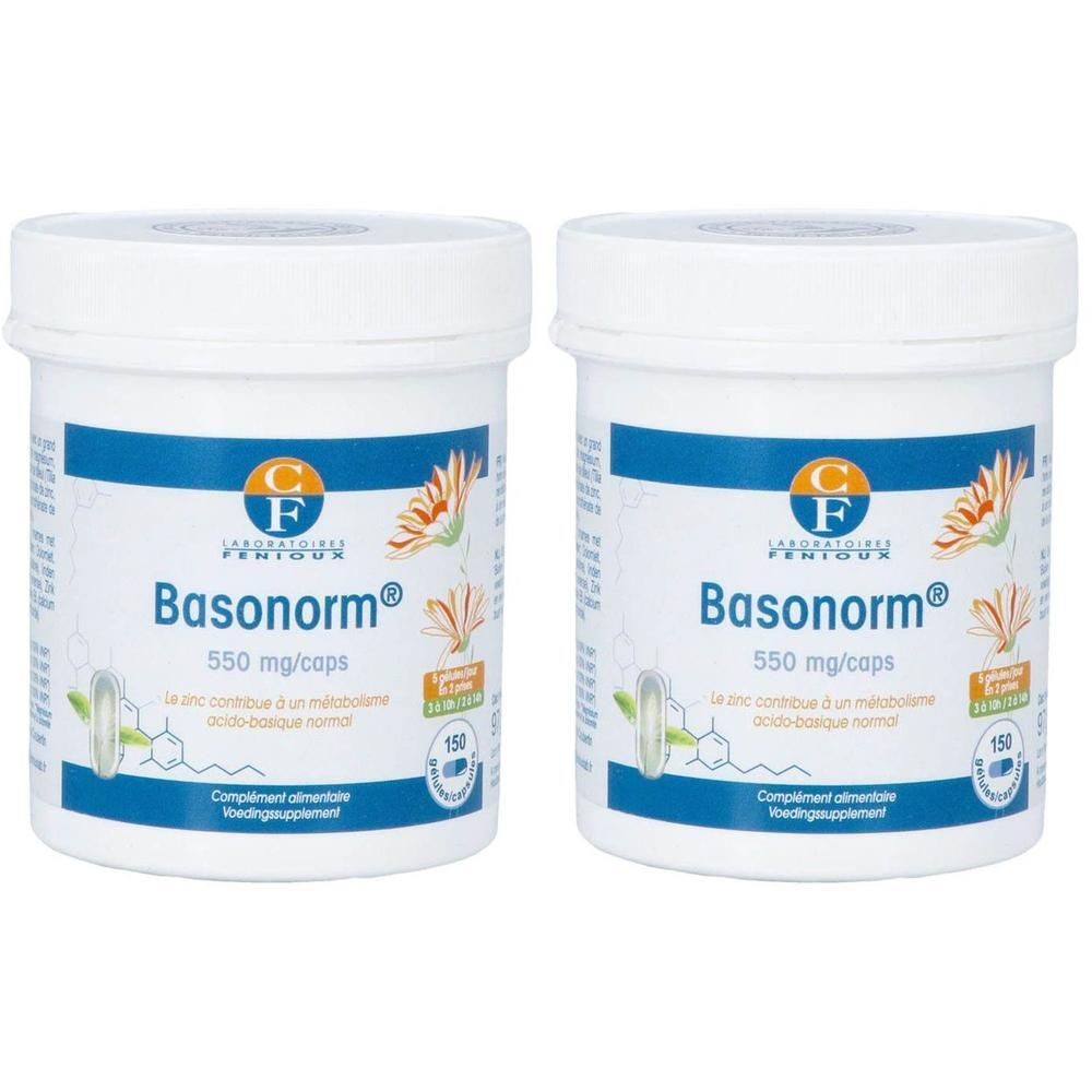 Deux pots blancs Basonorm, 550 mg/caps, avec logo et certification. Inscriptions bleues.