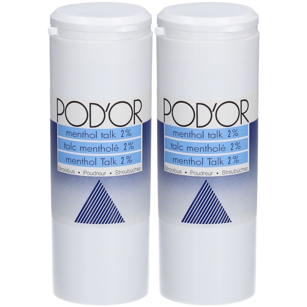 Deux flacons cylindriques blancs avec étiquette bleue. Inscription: POD'OR, menthol talk 2%, talc mentholé 2%.