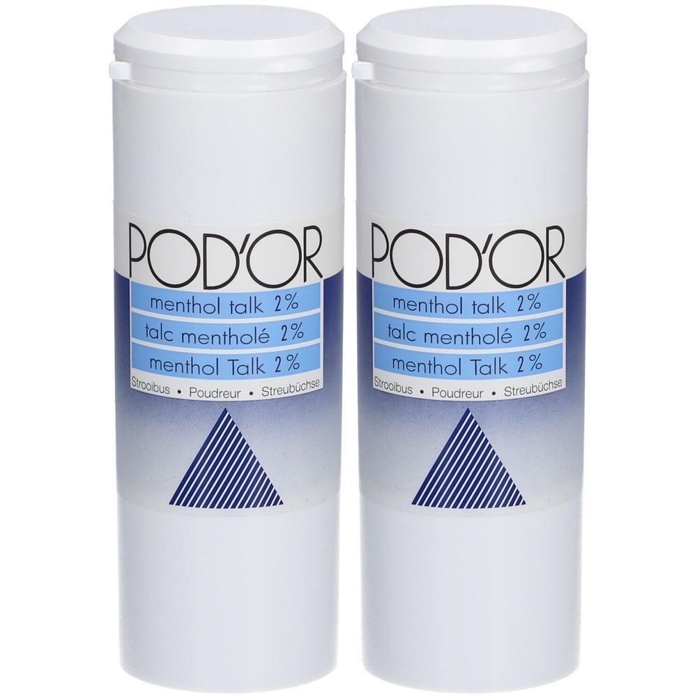 Deux flacons cylindriques blancs avec étiquette bleue. Inscription: POD'OR, menthol talk 2%, talc mentholé 2%.