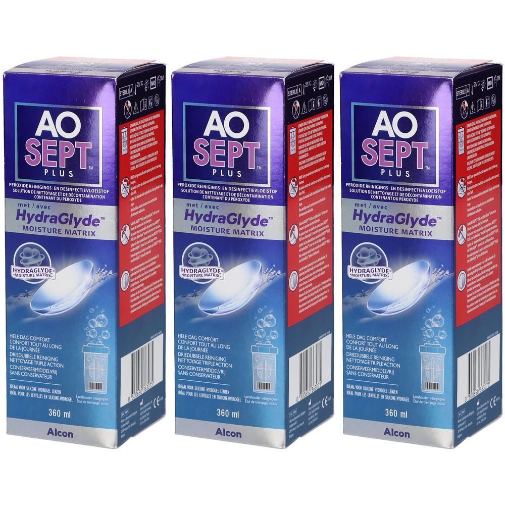 Trois boîtes AOSEPT Plus. Emballage bleu et violet avec nom du produit et image d'une lentille de contact.