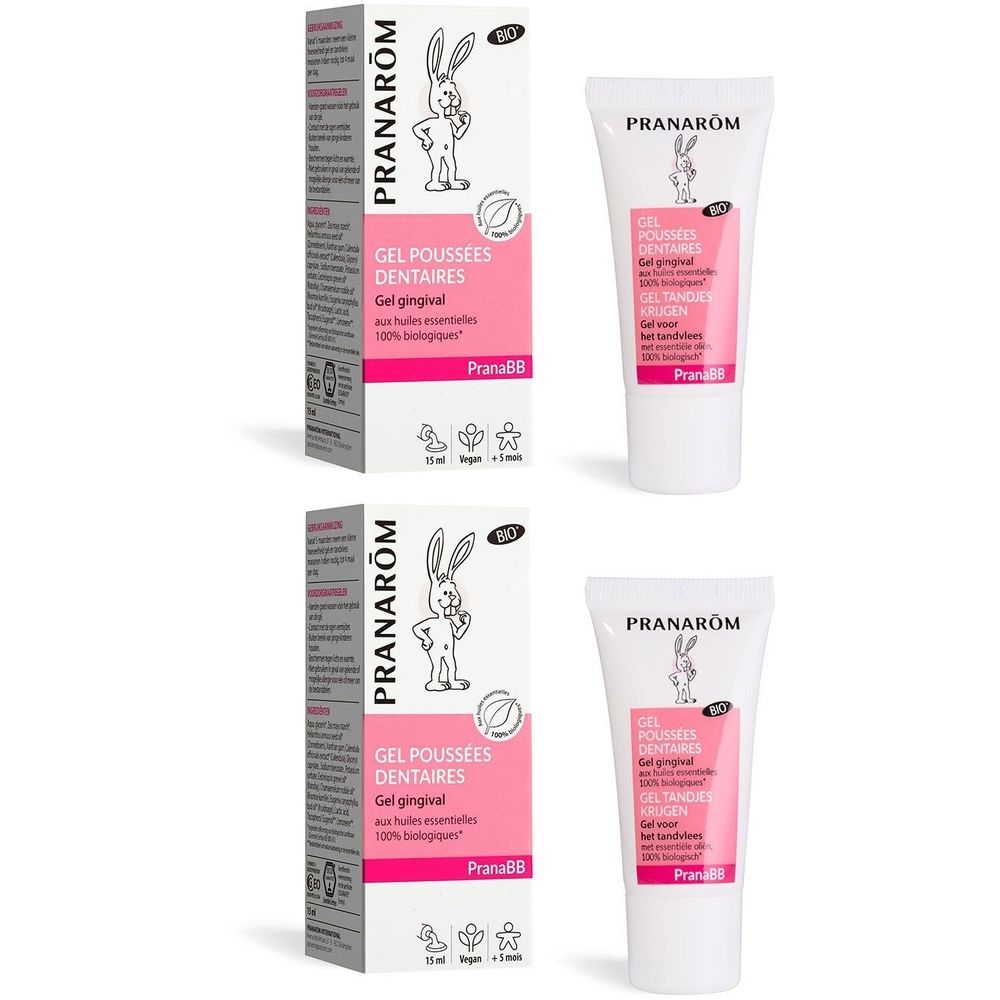 Deux boîtes et tubes de gel Pranarom PranaBB. Tubes blancs avec accents roses. Boîtes avec logo lapin et informations produit.