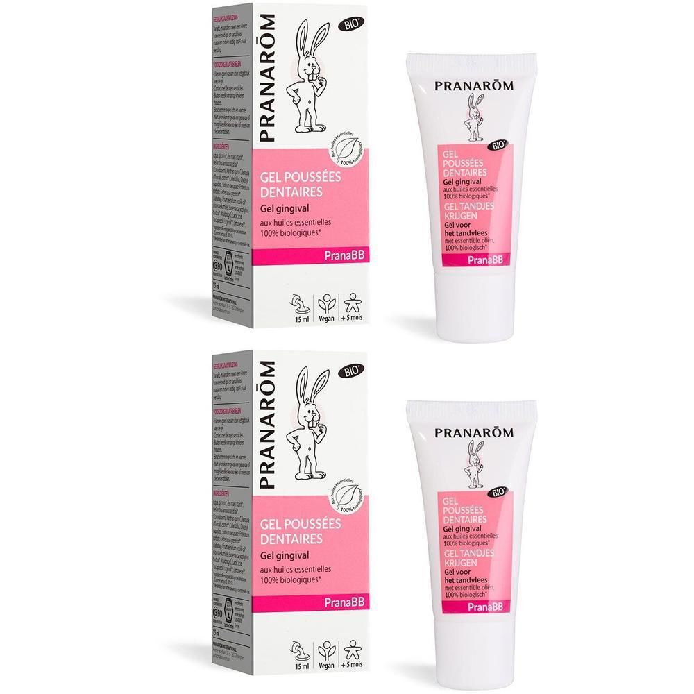 Deux boîtes et tubes de gel Pranarom PranaBB. Tubes blancs avec accents roses. Boîtes avec logo lapin et informations produit.