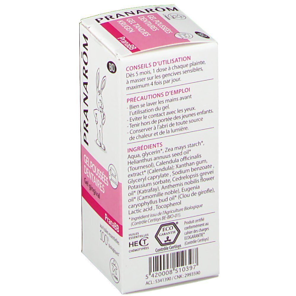 Dos de l'emballage Pranarom PranaBB. Contient instructions, ingrédients et certifications. Blanc avec accents roses.