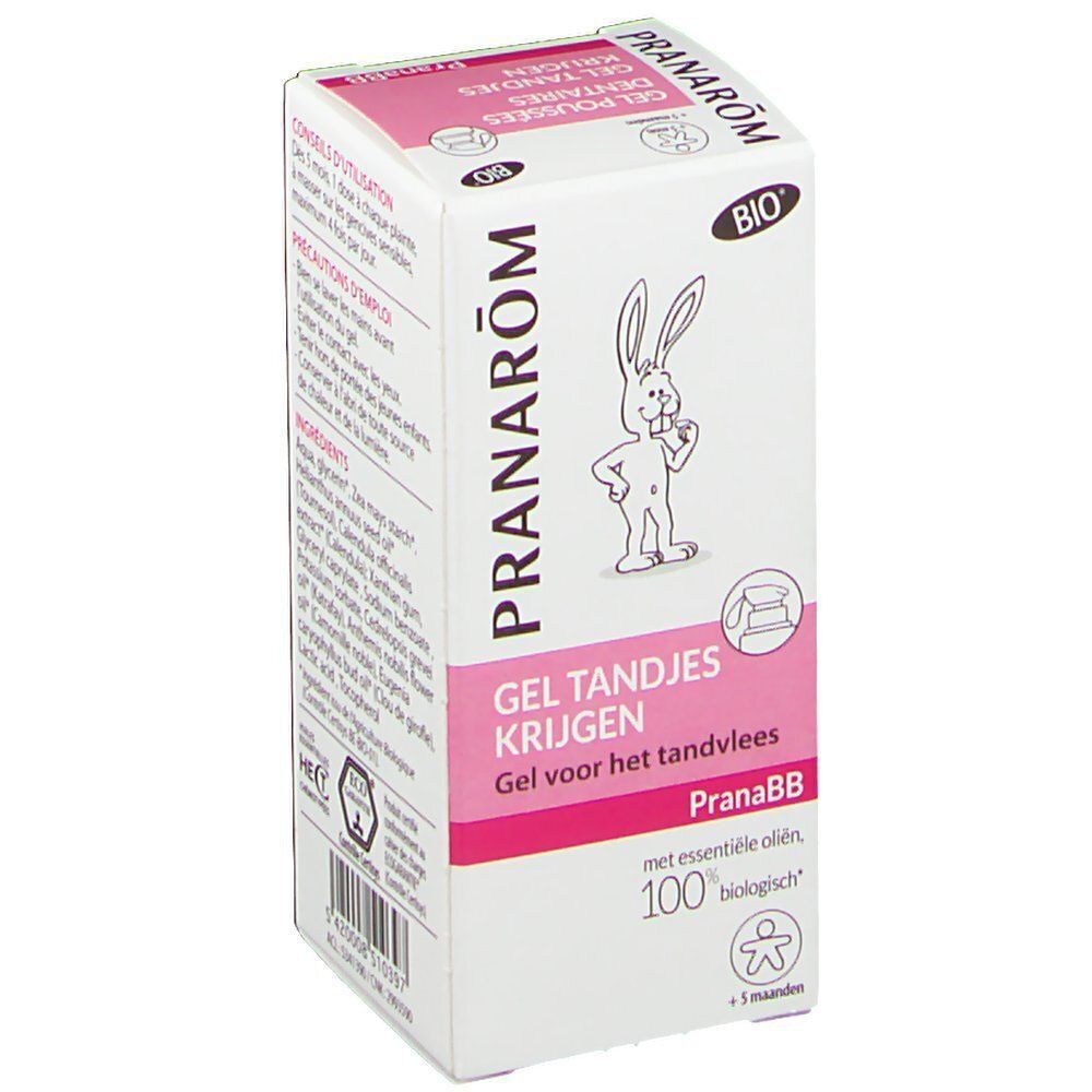 Emballage Pranarom PranaBB. Contient nom du produit, logo et certification bio. Blanc avec accents roses.