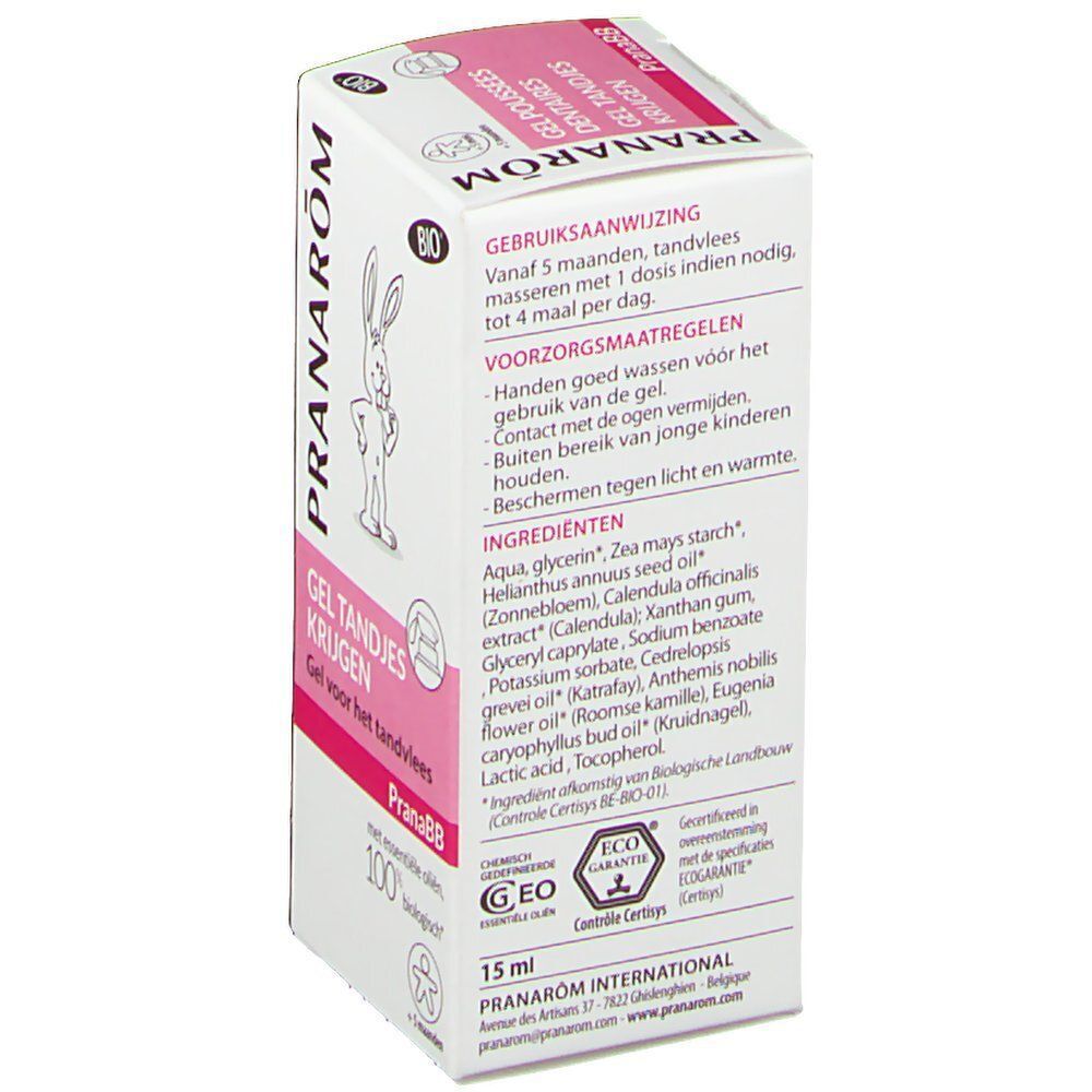 Dos de l'emballage Pranarom PranaBB. Contient instructions, ingrédients et certifications. Blanc avec accents roses.