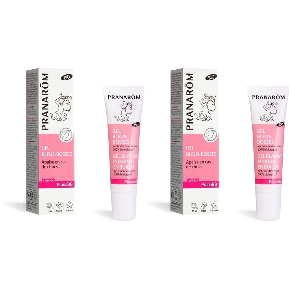 Tube rose et emballage blanc. Inscription: Pranarôm, Gel bleus-bosses, Apaise en cas de chocs. Logo enfant.