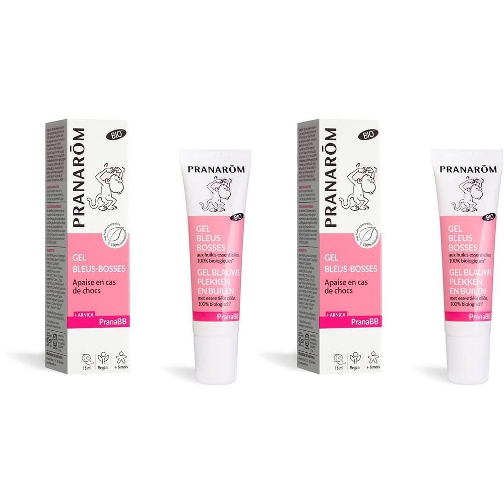 Tube rose et emballage blanc. Inscription: Pranarôm, Gel bleus-bosses, Apaise en cas de chocs. Logo enfant.