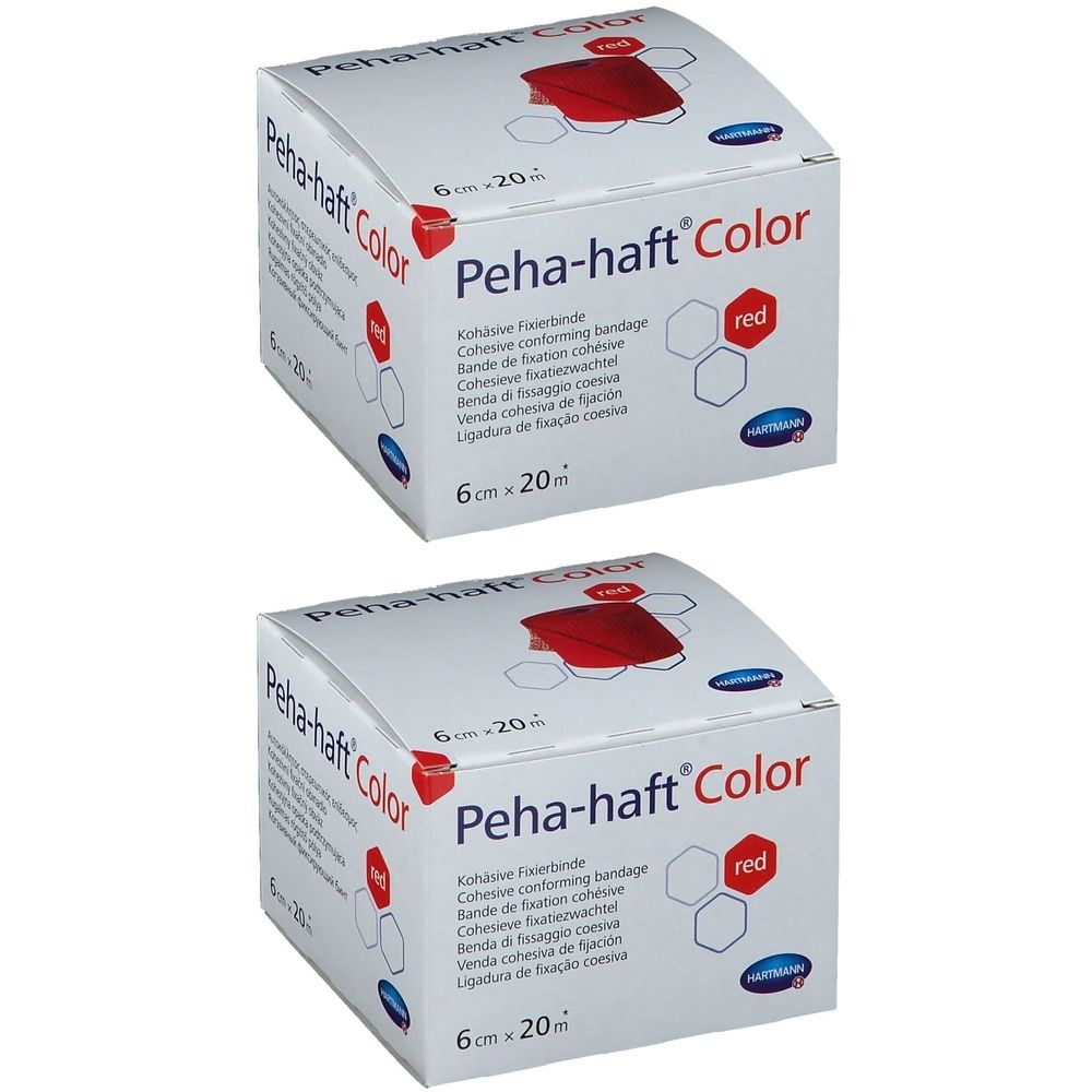 Deux boîtes de Peha-haft Color, 6cm x 20m, avec graphisme rouge et texte. Logo Hartmann visible.