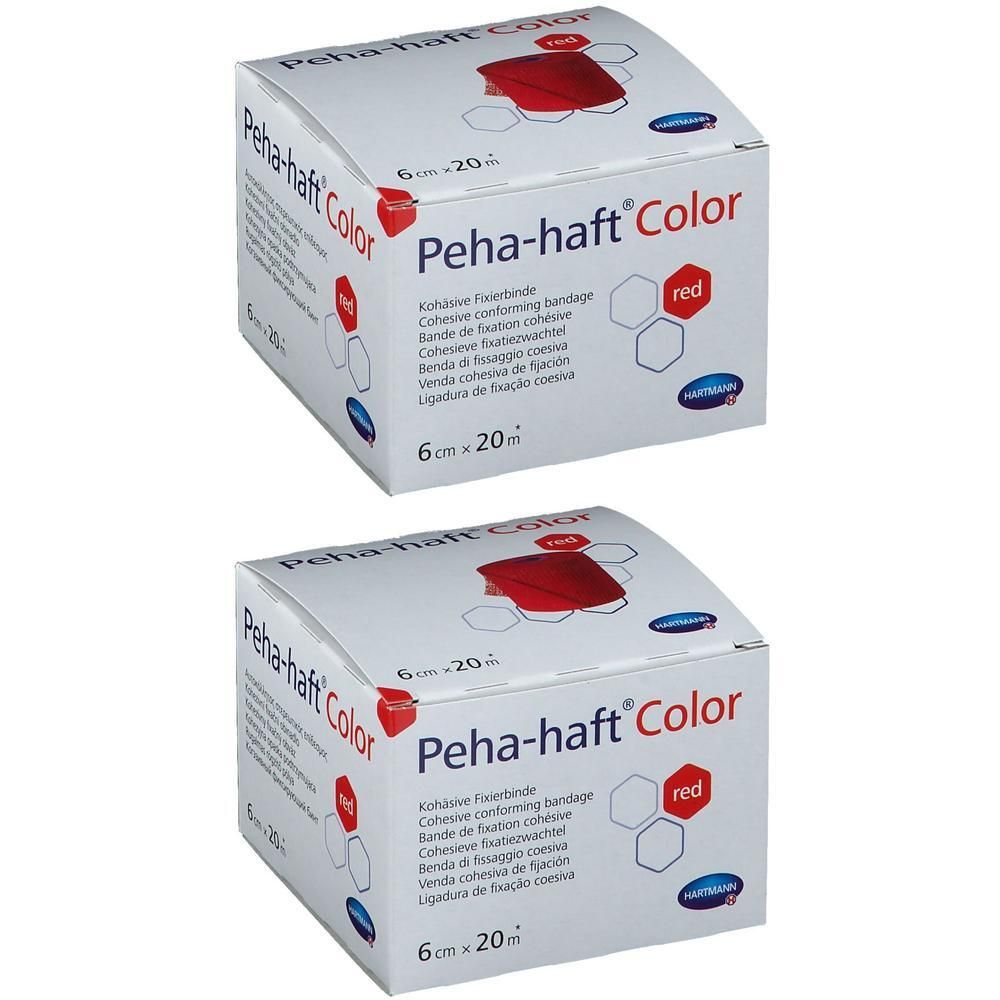 Deux boîtes de Peha-haft Color, 6cm x 20m, avec graphisme rouge et texte. Logo Hartmann visible.