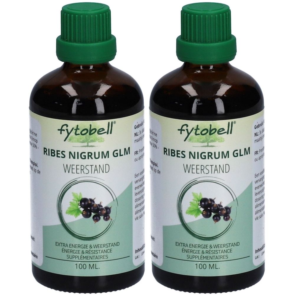 Deux flacons de Fytobell Ribes nigrum GLM. Bouteilles en verre brun avec bouchons verts. Inscription: Weerstand, 100 ml.