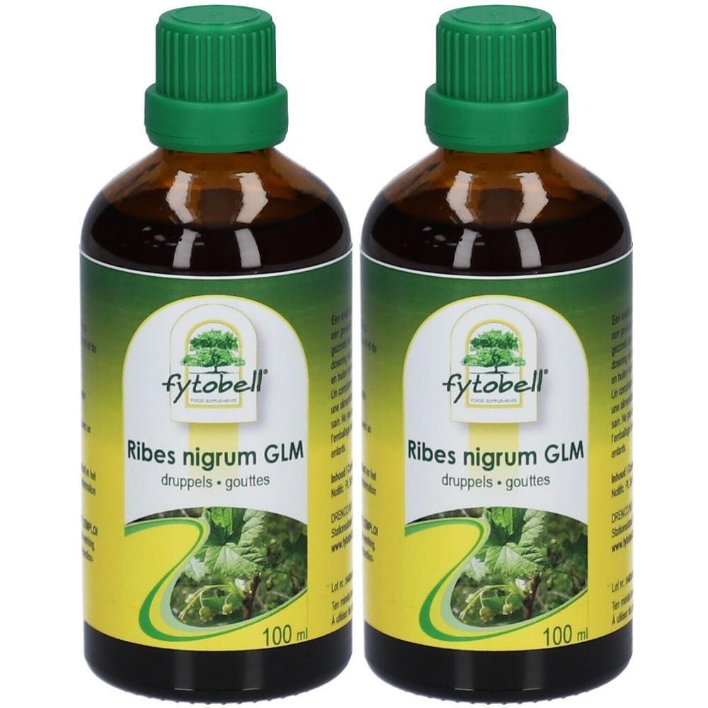 Deux flacons de Fytobell Ribes nigrum GLM. Bouteilles en verre brun avec bouchons verts et étiquettes. Inscription: 100 ml.