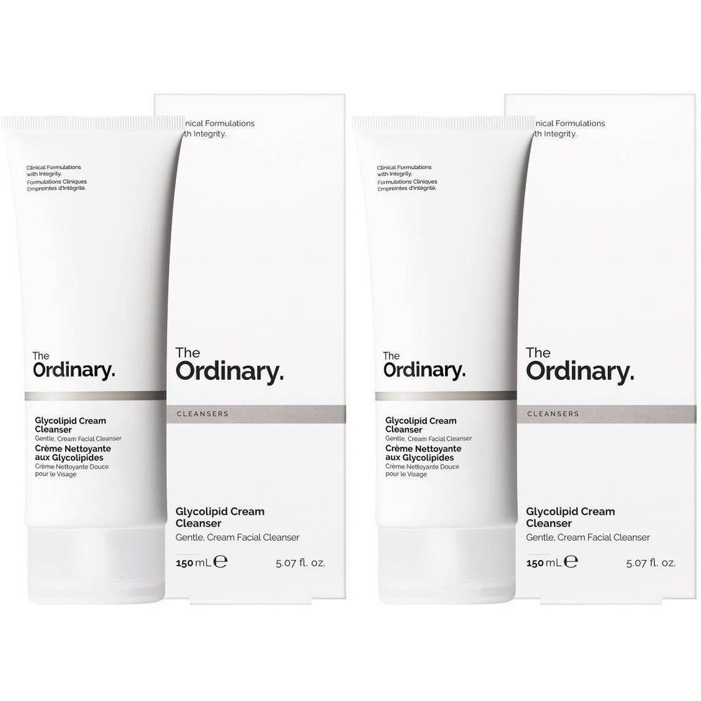 Deux tubes et emballages de The Ordinary Glycolipid Cream Cleanser. Tubes blancs avec texte noir, dans des boîtes blanches.