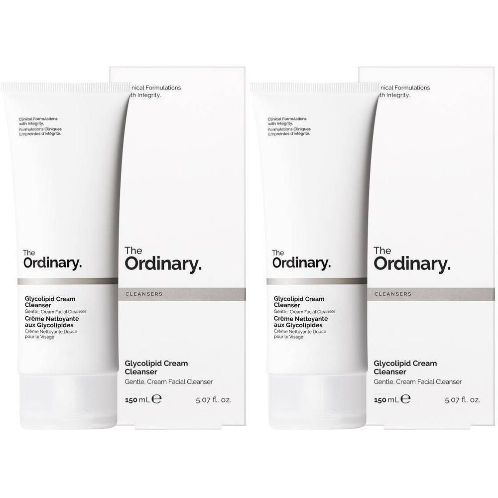 Deux tubes et emballages de The Ordinary Glycolipid Cream Cleanser. Tubes blancs avec texte noir, dans des boîtes blanches.