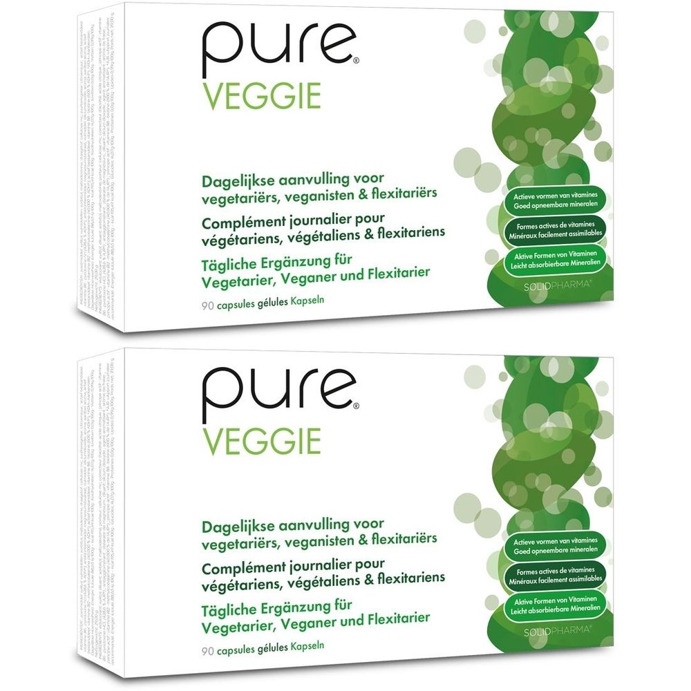 Deux boîtes blanches avec le logo "pure veggie". Texte : "Complément journalier pour végétariens, végétaliens et flexitariens".