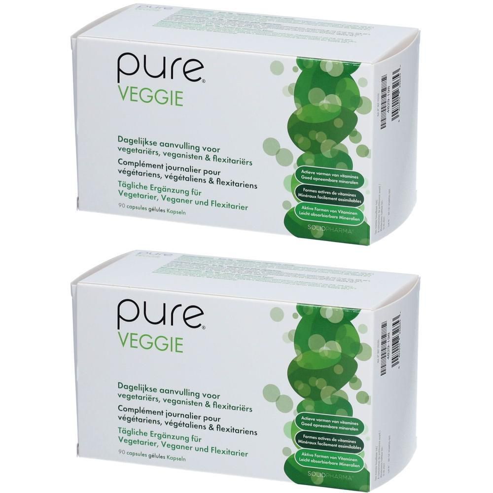 Deux boîtes blanches avec le logo "pure veggie". Texte : "Complément journalier pour végétariens, végétaliens et flexitariens".
