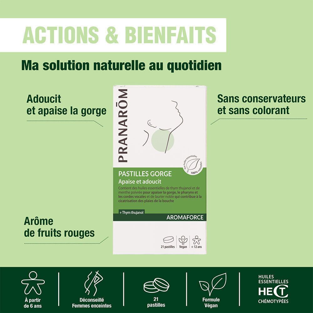 Infographie avec texte. "Adoucit et apaise la gorge". "Sans conservateurs et sans colorant". "Arôme de fruits rouges".
