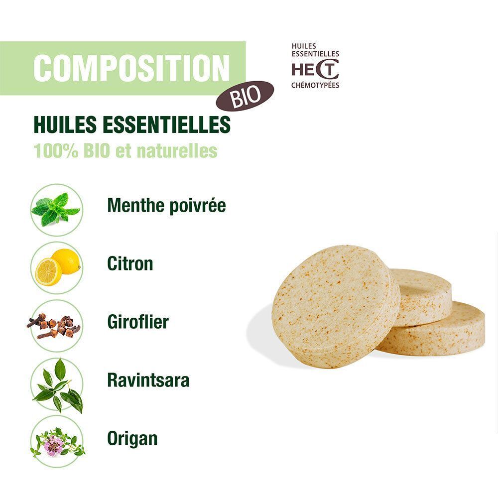 Gros plan sur les pastilles et les ingrédients. Menthe poivrée, citron, girofle, ravintsara, origan.