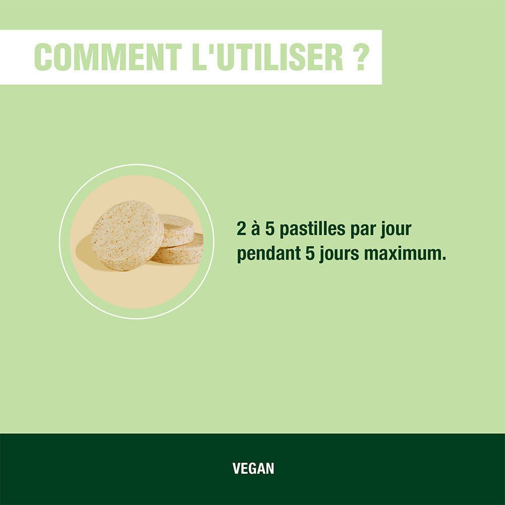 Texte: "2 à 5 pastilles par jour pendant 5 jours maximum". Logo végan.