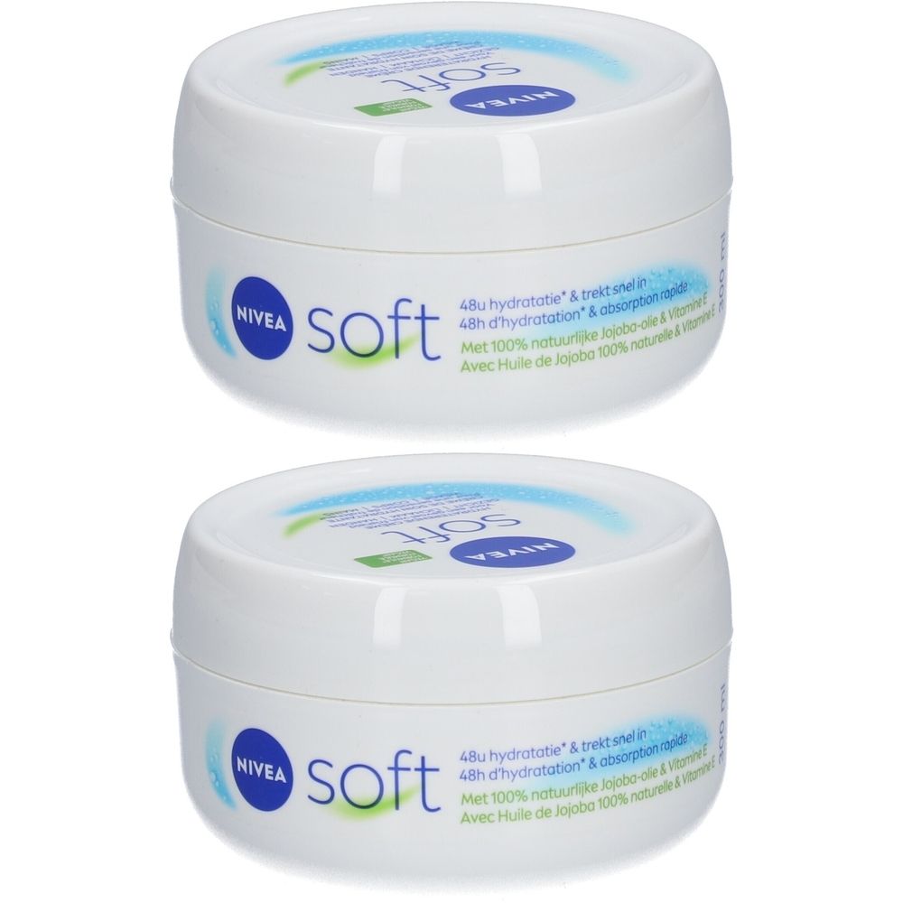 Deux pots blancs NIVEA Soft. Couvercles bleus avec logo. Texte: 48h d'hydratation & absorption rapide. Avec huile de jojoba 100% naturelle & Vitamine E.